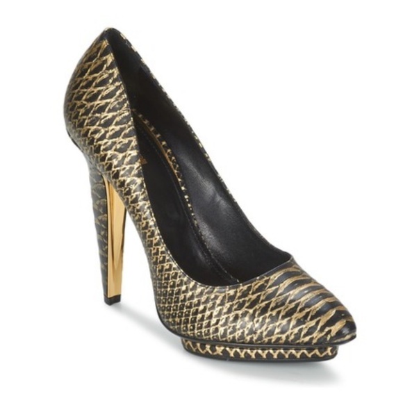 Roberto Cavalli black and gold snake print platform heels - Picture 1 of 10